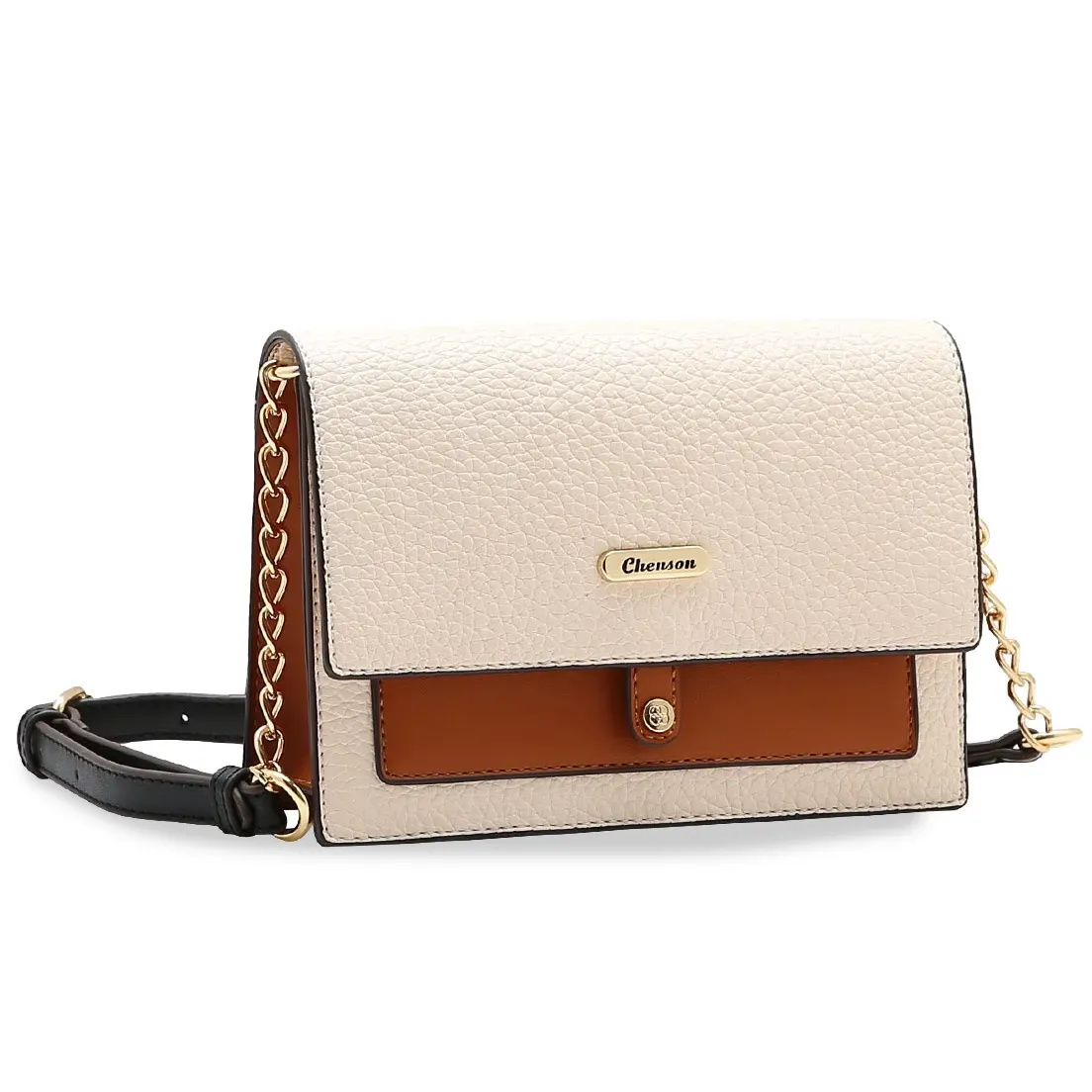 Bolsa feminina transversal Chenson bege com textura granulada e alça com corrente dourada